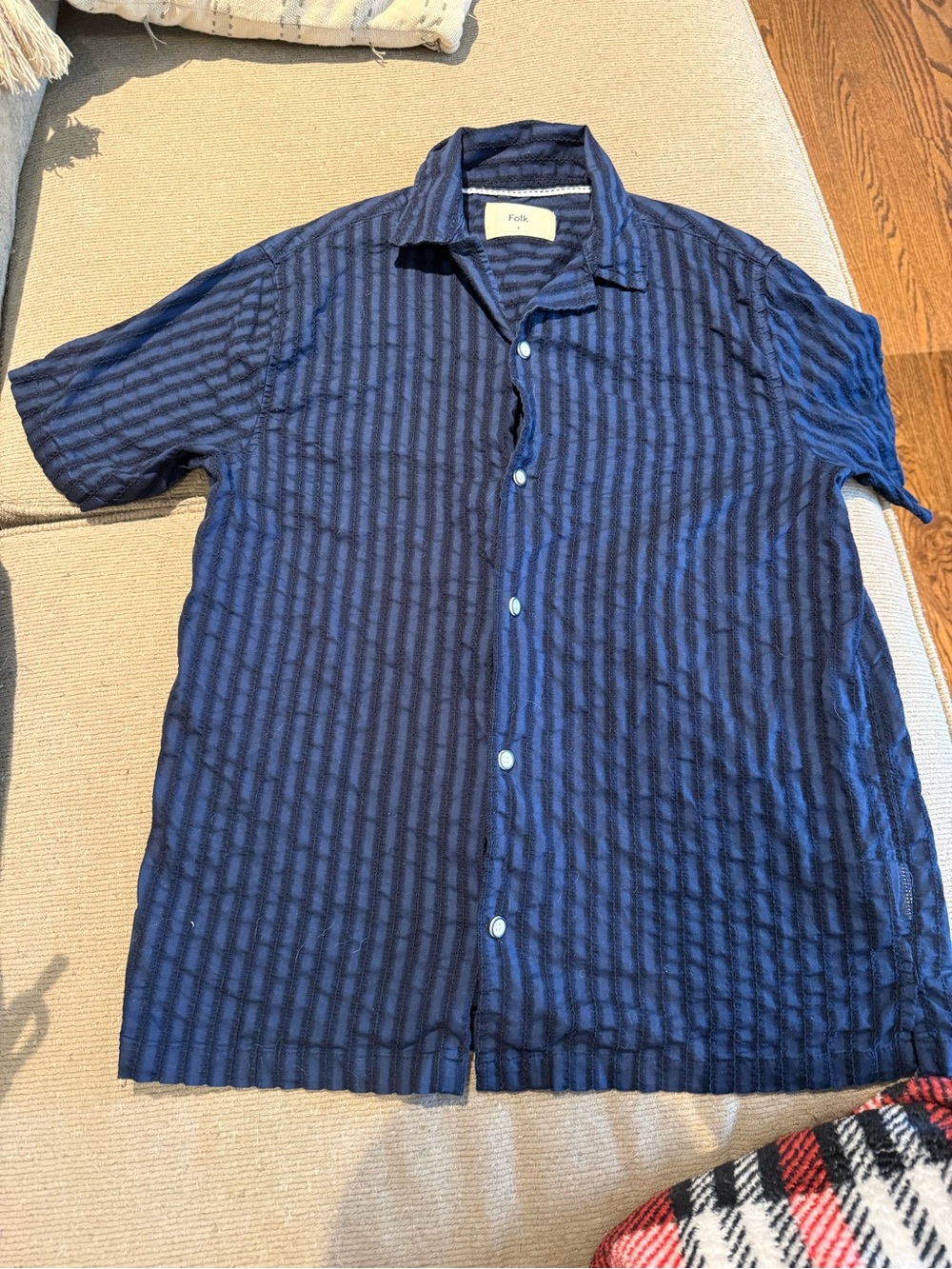 Folk Navy Striped Textured Short-Sleeve Button-Down Shirt S